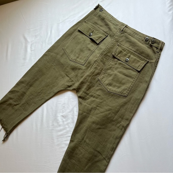 R13 olive army green utility Japanese denim distressed cropped straight leg pant - Picture 4 of 11